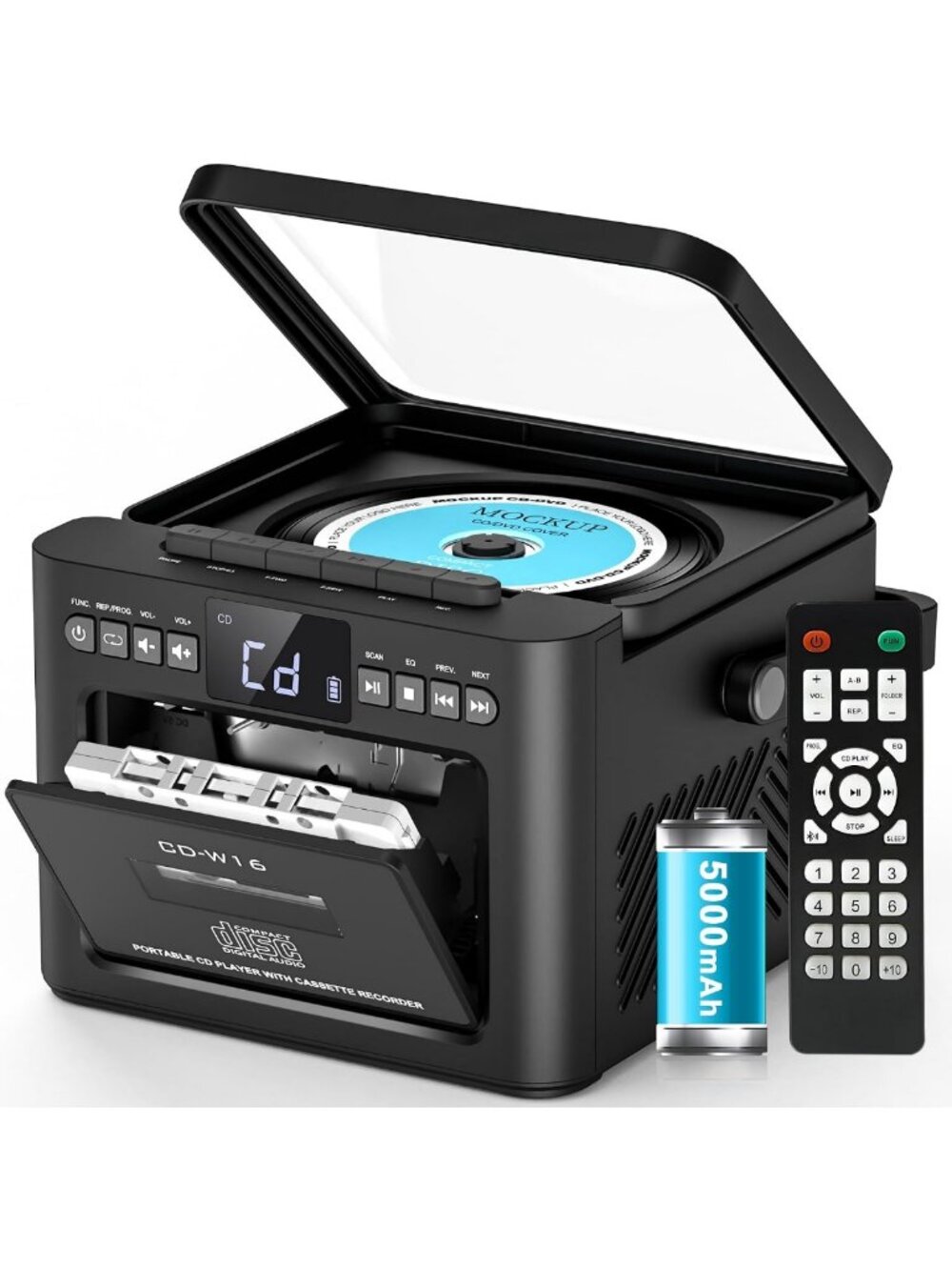 Portable Bluetooth Boombox CD & Cassette Player Combo with 5000mAh Battery